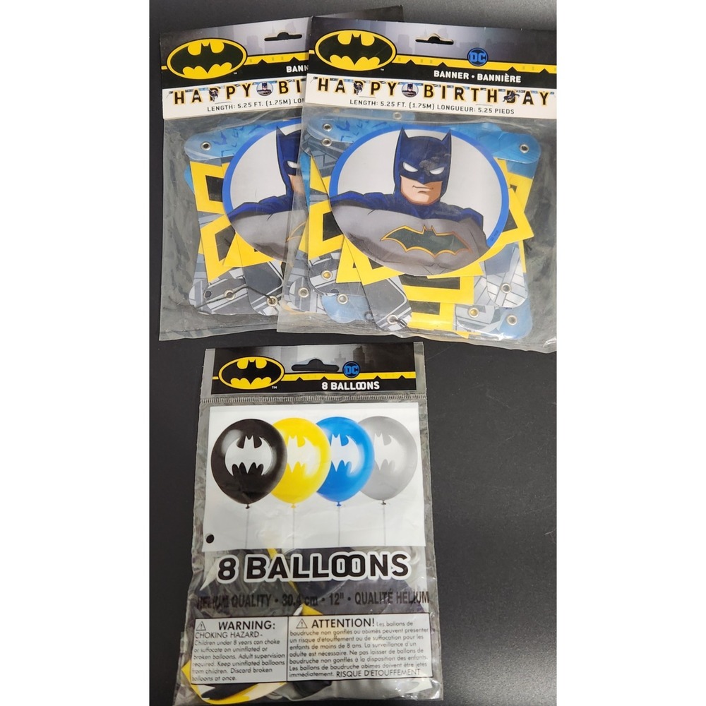 Batman 12" Latex Balloons 1 pkg. of 8, and 2 x Birthday Banners = 10 pieces NEW